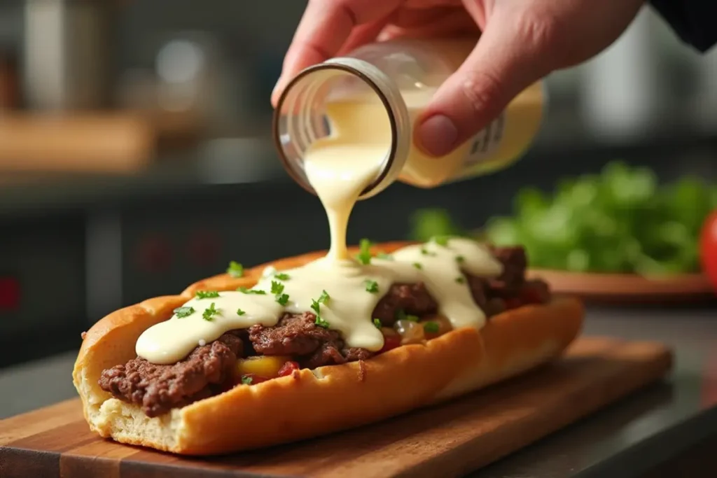 Action shot of creamy white cheese sauce being added to a Philly cheesesteak, food photography style.