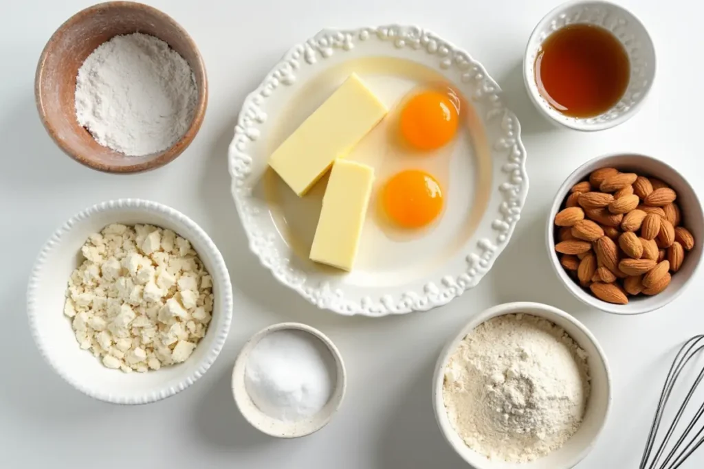 Flat lay of ingredients for an almond nut cake recipe, including flour, butter, eggs, almonds, and almond extract.