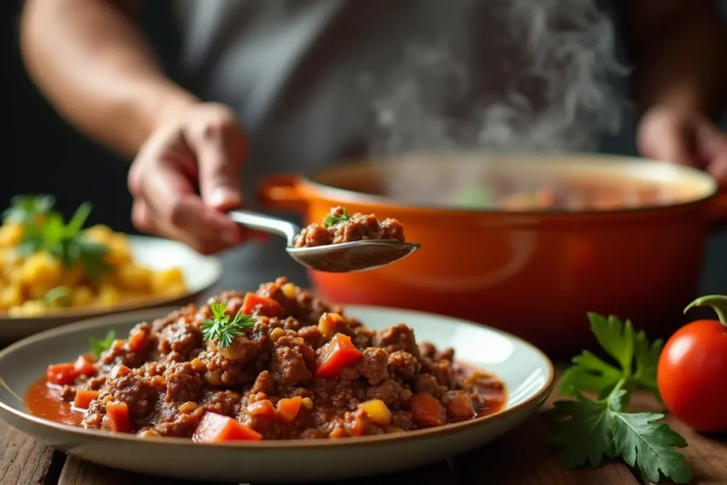 Man’s hand stirring a delicious ground beef stew made in an Instant Pot, with vegetables and fresh herbs.