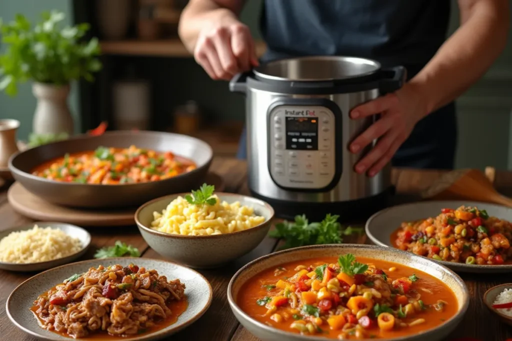 A man's hand preparing Instant Pot recipes with soup, pasta, shredded meat, and vegetable stir-fry on a rustic table.