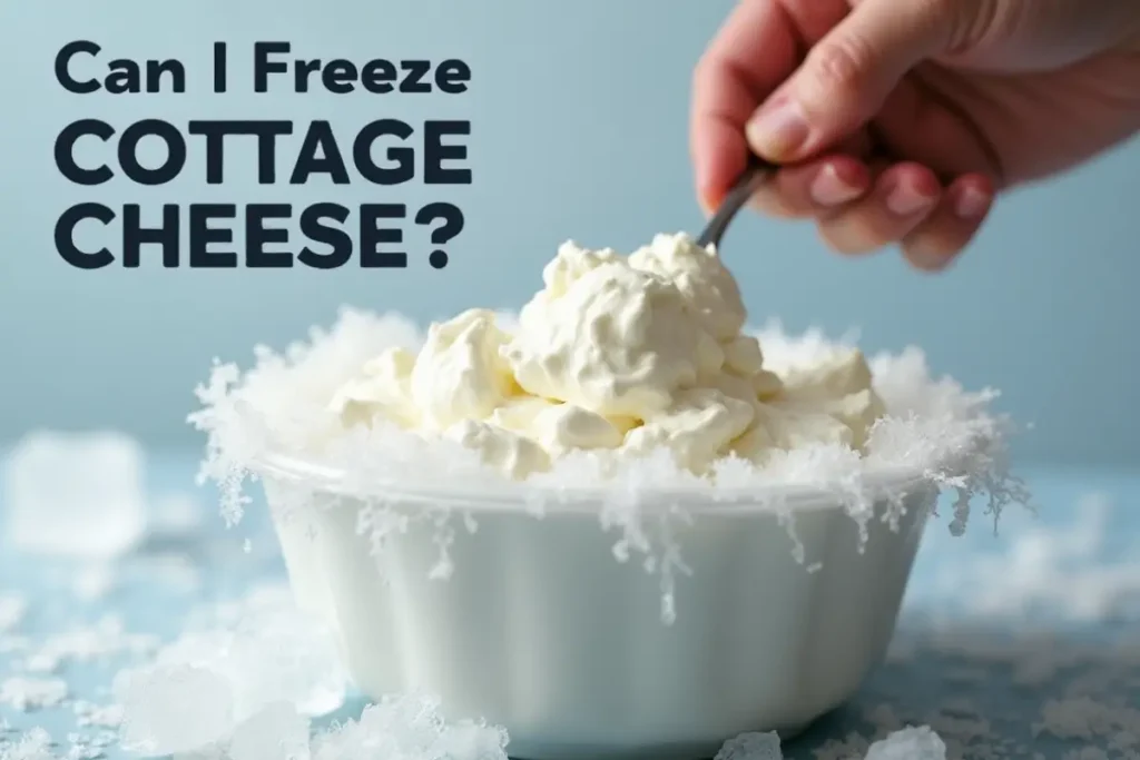 Man’s hand stirring a partially frozen container of cottage cheese with visible ice crystals