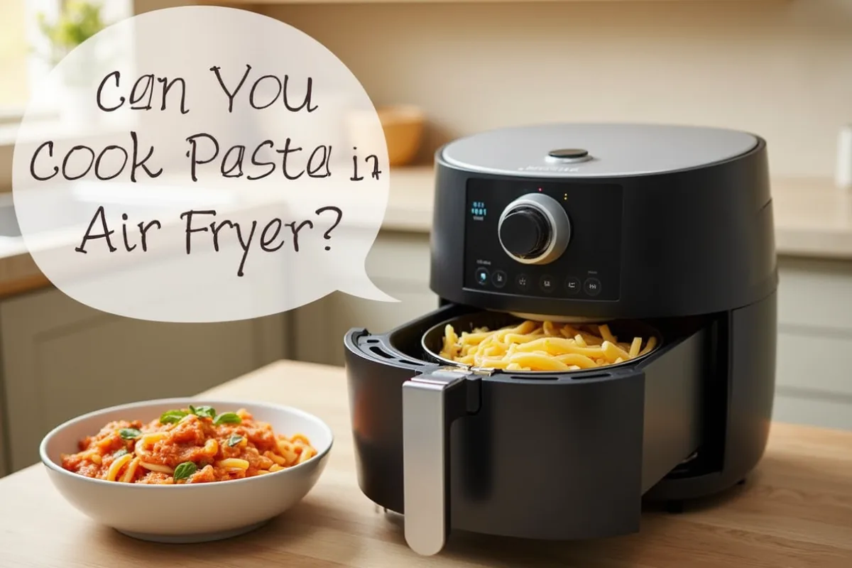 Uncooked pasta in an air fryer basket with a bowl of cooked pasta on the counter, questioning if pasta can be cooked in an air fryer.