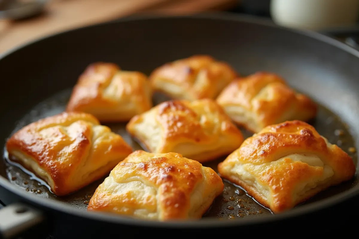 Golden and crispy fried puff pastry in a pan, showing its flaky texture.