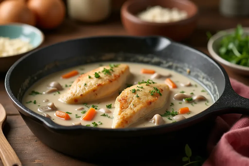 Chicken Cooking in Creamy Sauce with Skillet and Ingredients