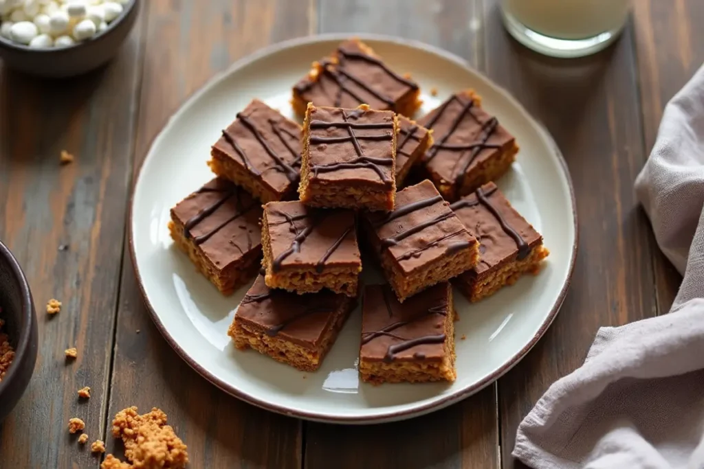 Chocolate peanut butter rice krispie treats no marshmallows stacked on a white plate, with a chocolate drizzle. A glass of milk and a bowl of marshmallows are visible in the background.