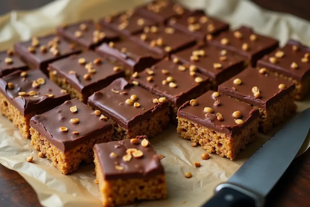 Square-cut chocolate peanut butter rice krispie treats no marshmallows with a chocolate and nut topping, laid out on parchment paper with a knife visible in the foreground.