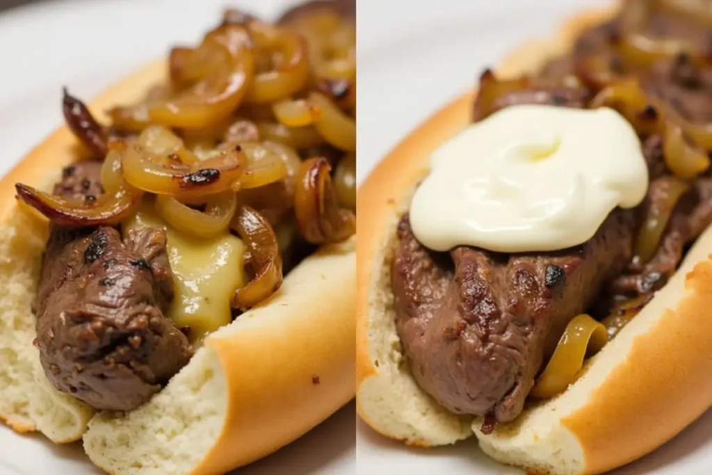 Two side-by-side images of a Philly cheesesteak, one with grilled onions and cheese, the other with mayo on top.