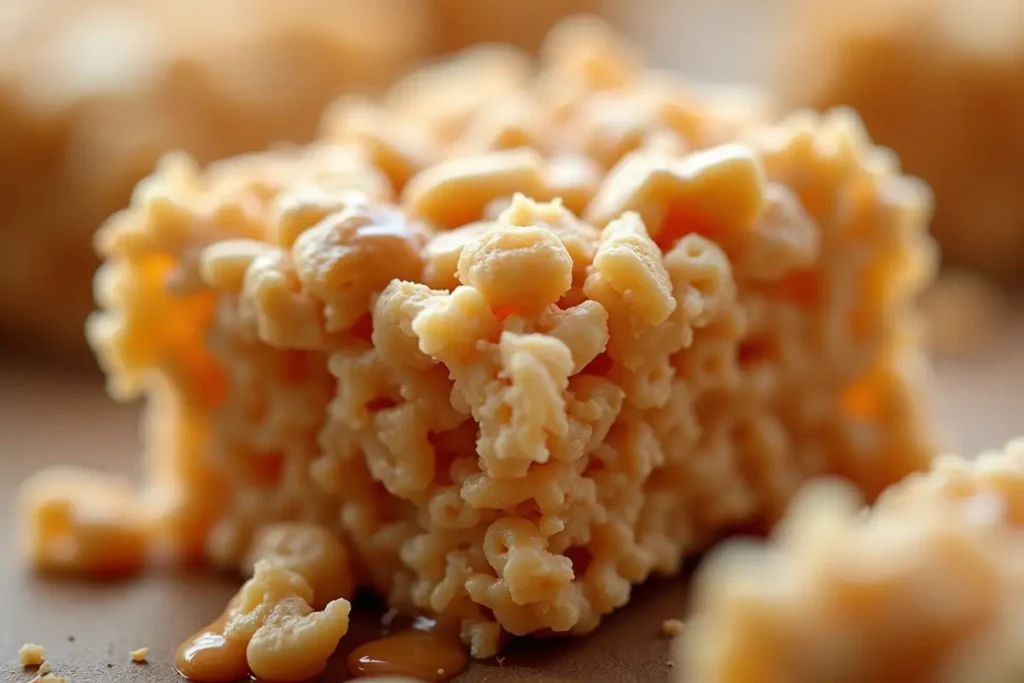 Extreme close-up of a single old fashioned peanut butter Rice Krispie treat, highlighting the texture and gooeyness.