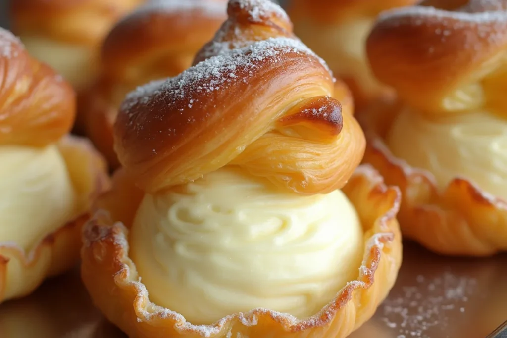 Golden-brown cream puffs filled with creamy filling on a rustic wooden surface.