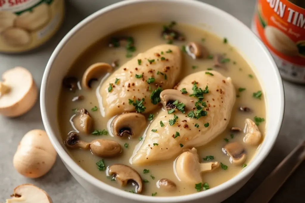 Creamy chicken soup with mushrooms, with cans of mushroom soup