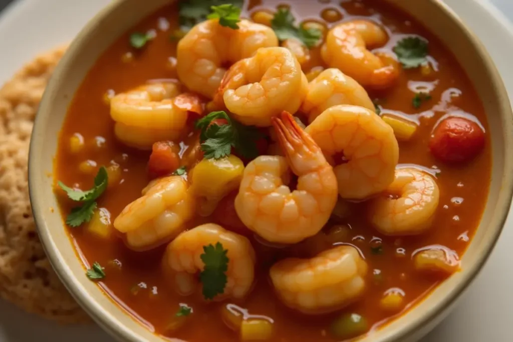 Bowl of shrimp in tomato-based sauce with fresh herbs and bread