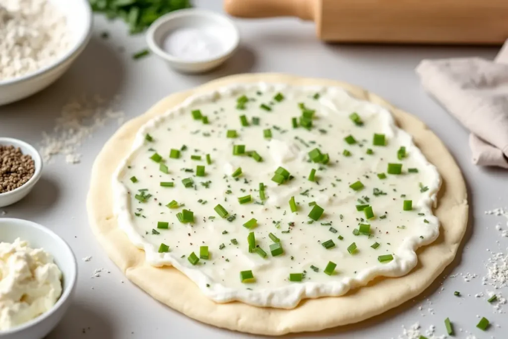 Close-up of homemade flatbread ingredients including cottage cheese, flour, yeast, salt, pepper, and chives on a dusted kitchen counter.