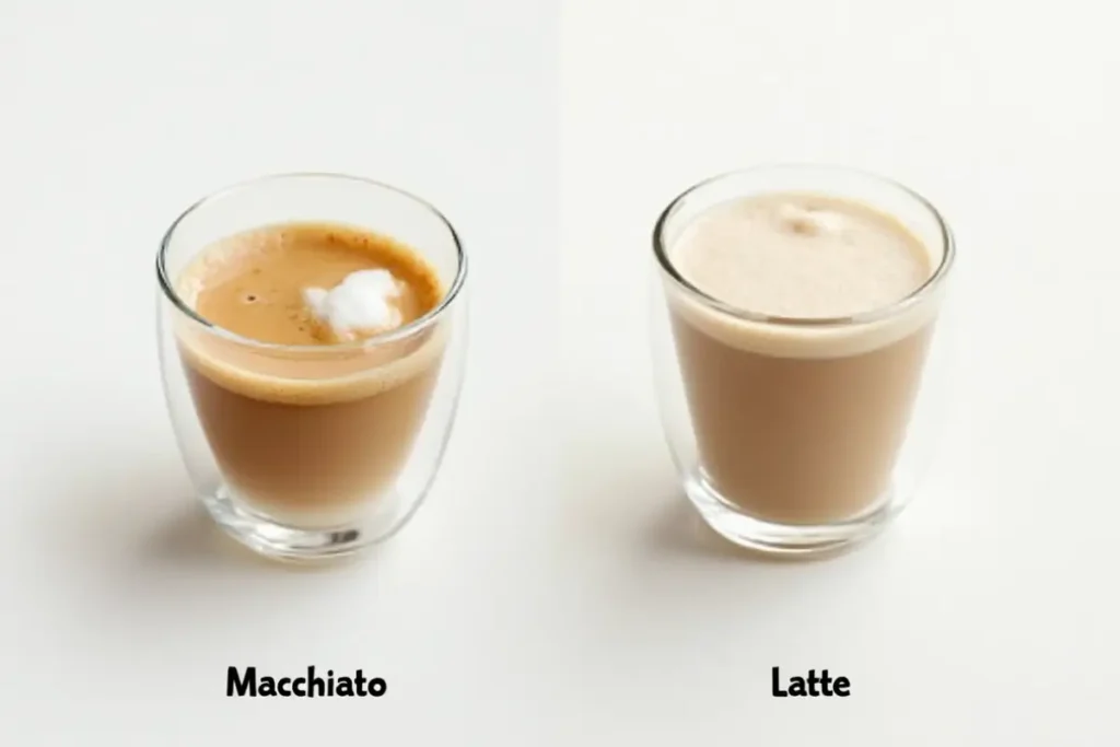 Difference between macchiato and latte, labeled and shown side-by-side.