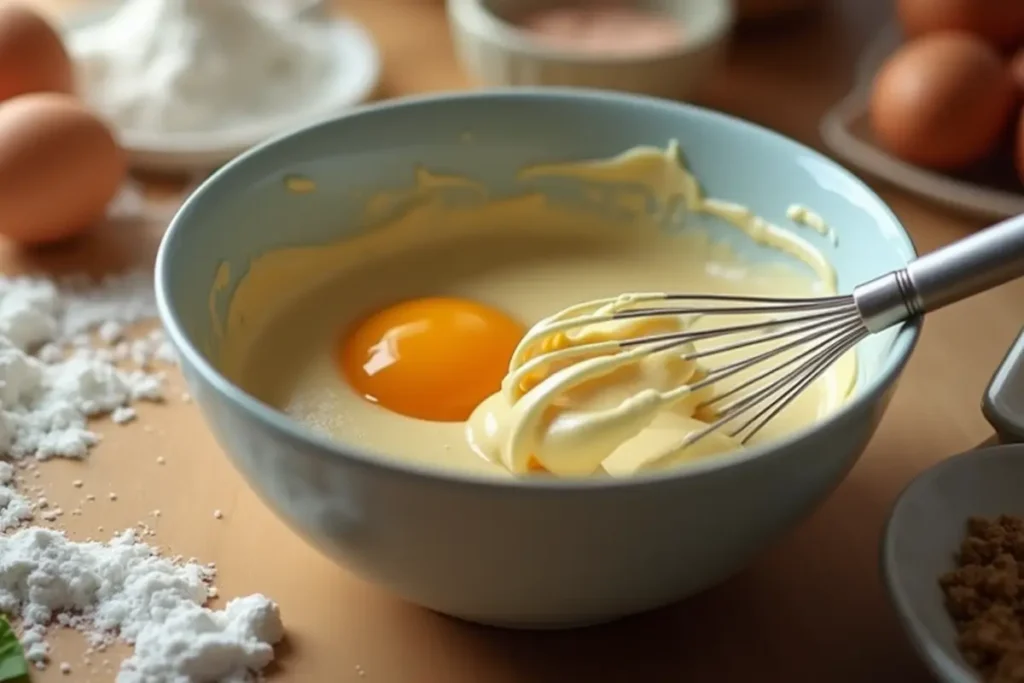 Close-up of a cracked egg yolk in a bowl of cake batter, being mixed with a whisk