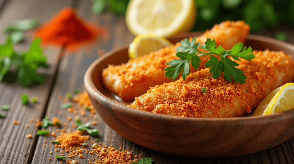 Homemade fish fry seasoning mix in a bowl with spices, perfect for crispy fried fish.