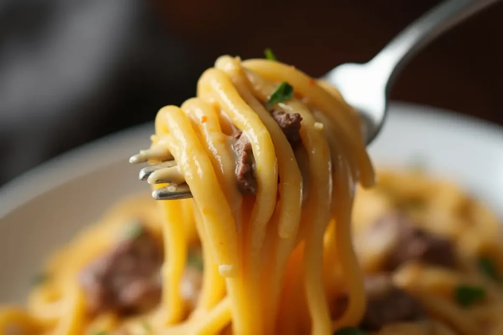 Forkful of creamy Philly cheesesteak pasta, featuring steak, and sauce, food photography style.