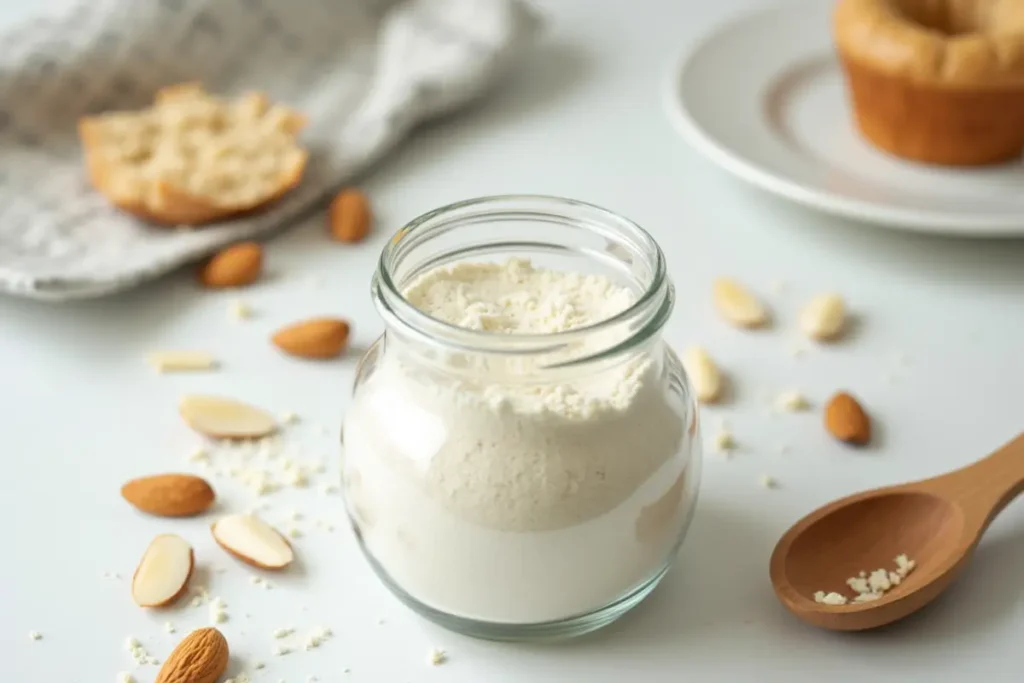 Almond flour in a jar with almonds and a muffin, illustrating fresh baking ingredients.