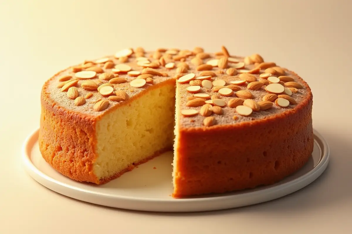 Whole almond nut cake with a slice removed, topped with almonds and powdered sugar.