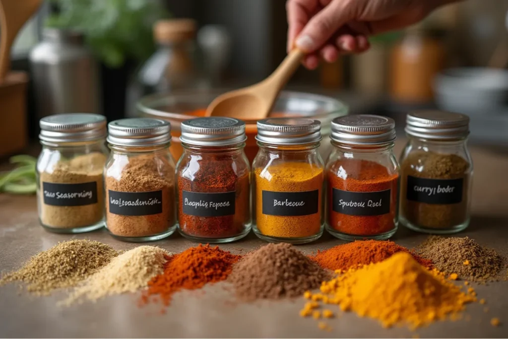 Homemade seasoning blends in glass jars and bowls on a kitchen countertop, labeled with types like taco seasoning, Italian seasoning, and barbecue rub, with scattered spices and a man's hand mixing a blend.