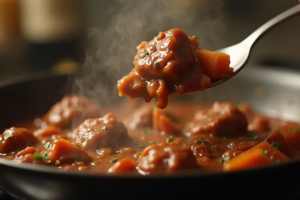 Hot and juicy beef tips and carrots with savory sauce on a spoon.