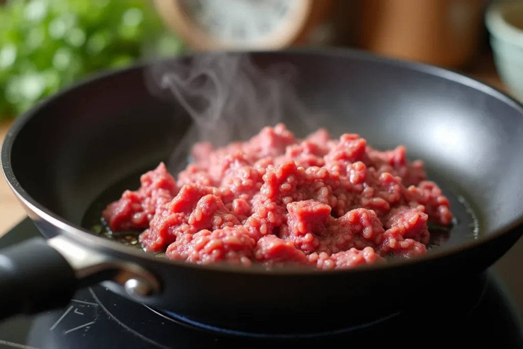 Ground beef cooking in a frying pan on a stovetop with steam rising, showing the process of browning and reaching safe cooking temperature.