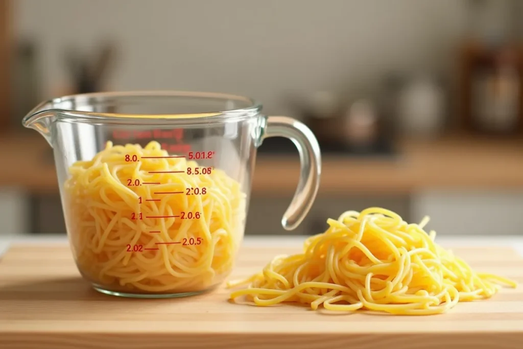 8 ounces of uncooked pasta next to a measuring cup showing 2 cups