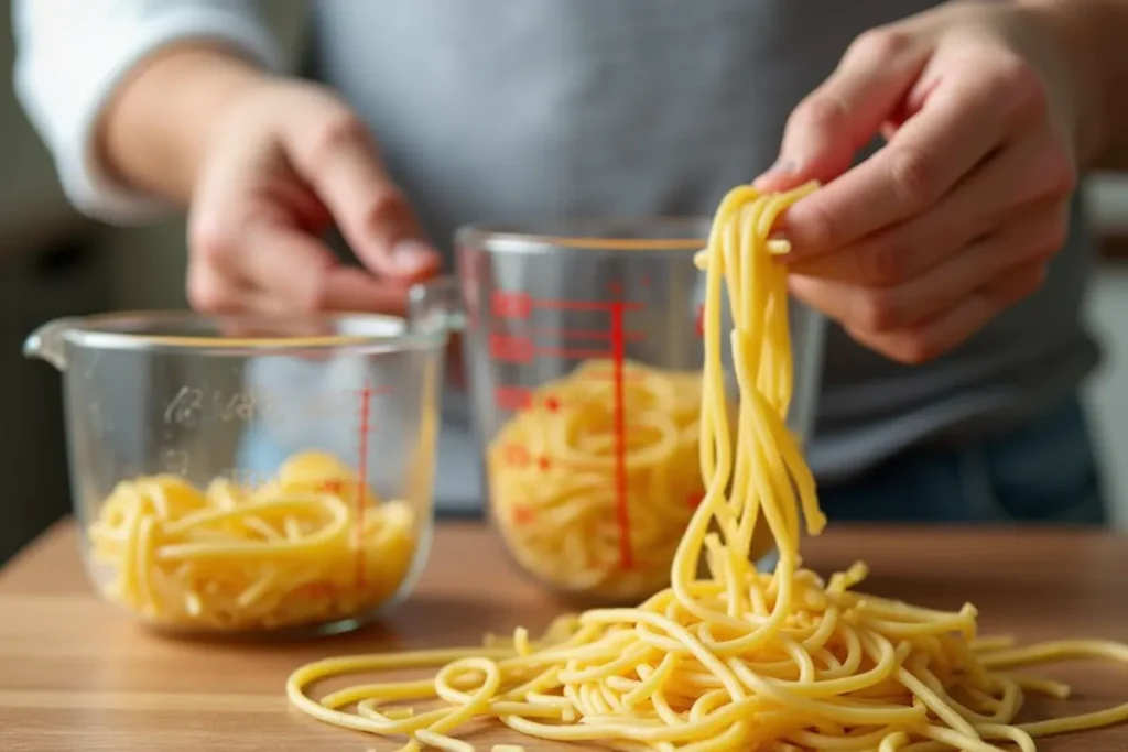 Man’s hand measuring 8 ounces of uncooked pasta next to a transparent measuring cup showing 2 cups