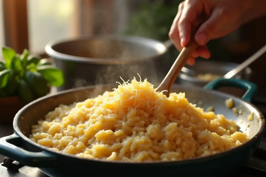 A close-up of a person’s hand stirring a steaming pan of creamy Italian risotto topped with grated cheese, with fresh basil in the background.