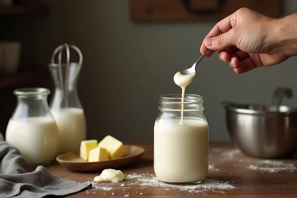 Hand pouring homemade heavy cream from a spoon into a glass jar, with milk bottles, butter and flour on a wooden table