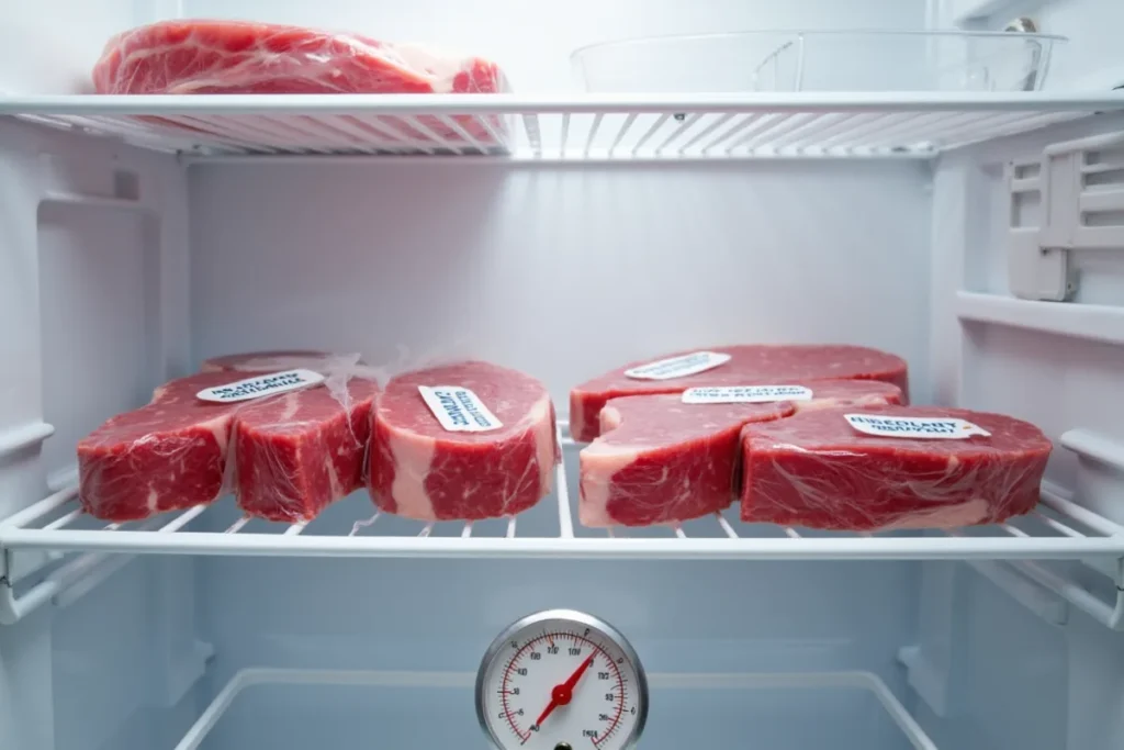 Properly stored steaks in a refrigerator with clear packaging and labels