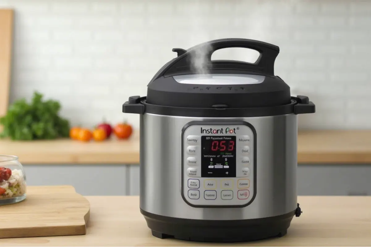 Instant Pot releasing pressure naturally on a kitchen countertop with steam escaping gently.