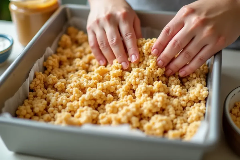 Hands gently pressing homemade peanut butter Rice Krispie treat mixture into a baking pan, showcasing the making process.