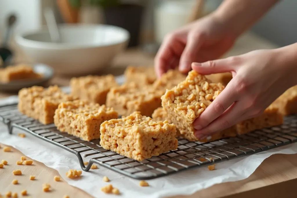 A person's hands gently placing freshly made peanut butter rice krispy treats onto a wire cooling rack lined with parchment paper.