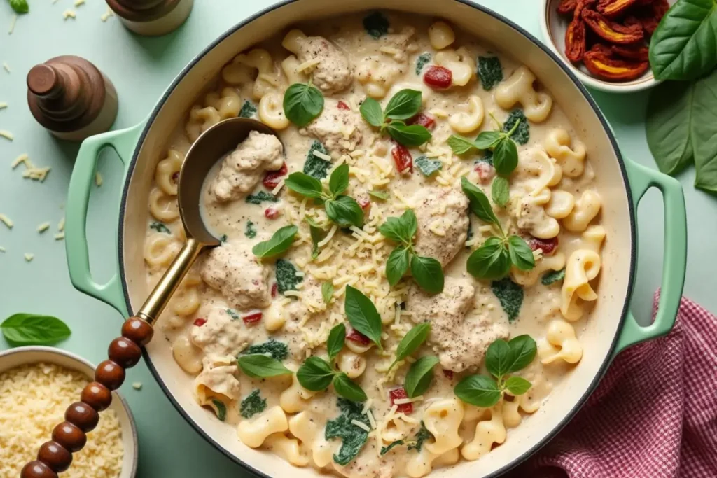 Creamy Marry Me Chicken Pasta in a green pot, garnished with fresh basil leaves and shredded cheese, surrounded by ingredients like sundried tomatoes and spinach.