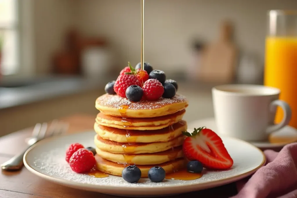 Mini pancakes stacked on a plate with fresh fruit and syrup.