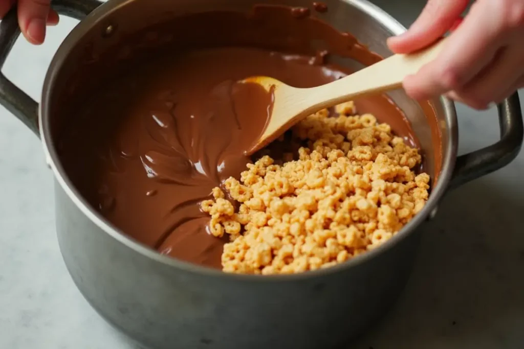 Hands using a wooden spoon to mix melted chocolate and rice krispies in a saucepan to make chocolate peanut butter rice krispie treats without marshmallows.