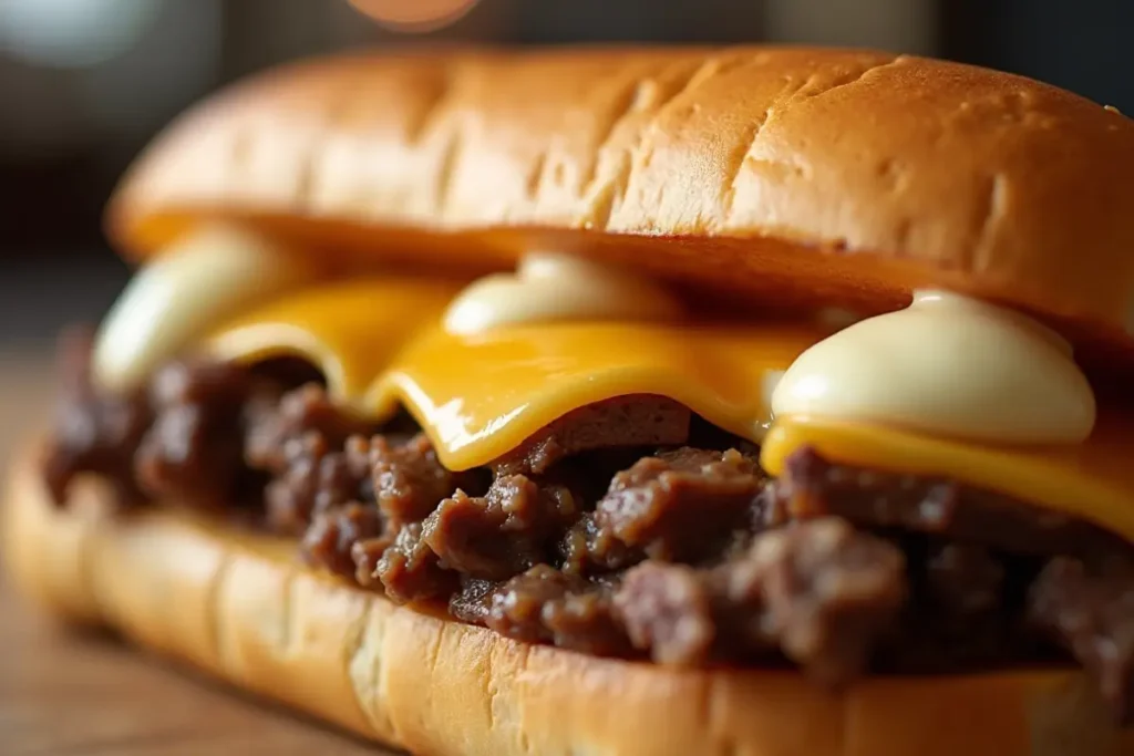 Close-up of a Philly cheesesteak with melted cheese and dollops of mayo.