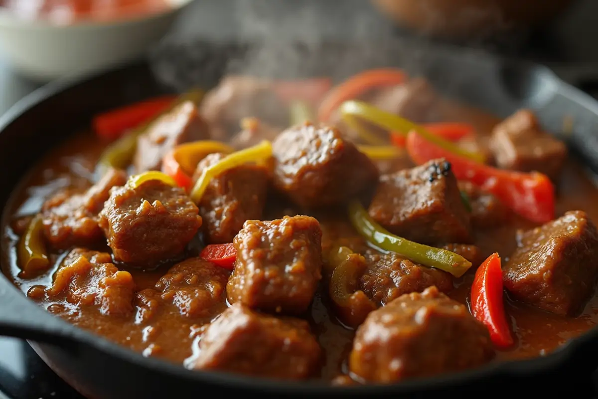 No Peek Beef Tips cooking in a skillet with bell peppers.