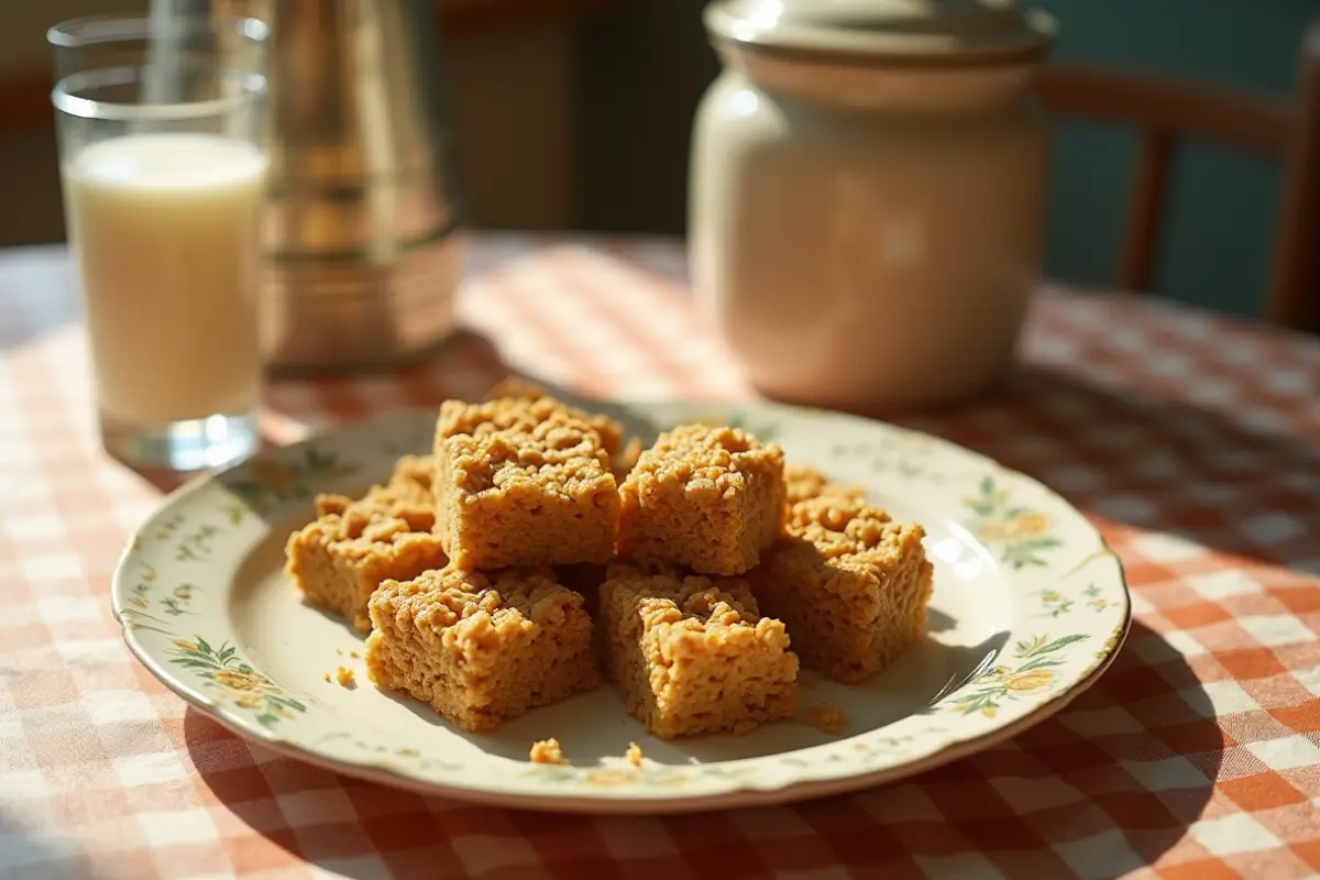 A plate of homemade old fashioned peanut butter Rice Krispie treats on a checkered tablecloth with a glass of milk and a vintage cookie jar in the background.