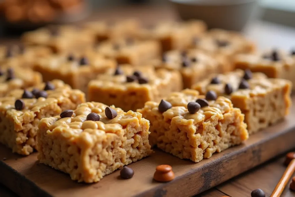 Close-up of peanut butter rice krispy treats topped with mini chocolate chips, arranged on a wooden cutting board.