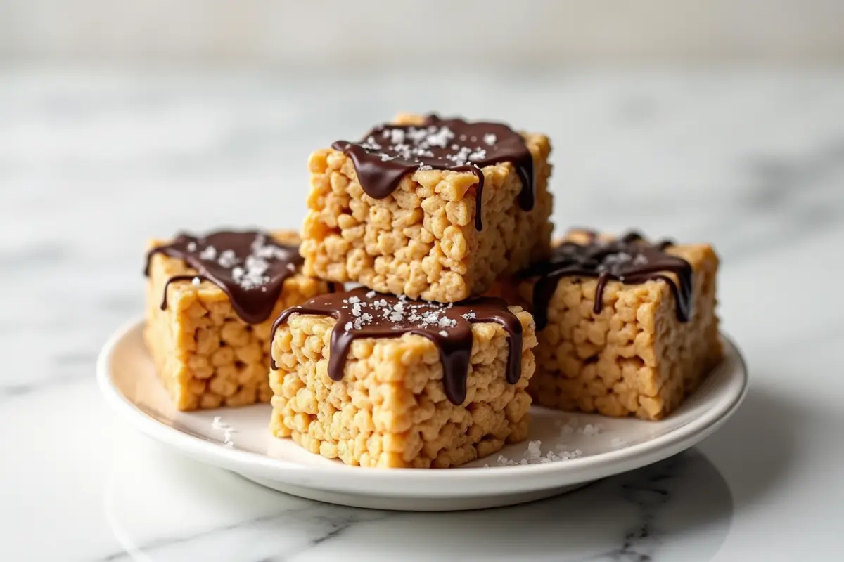 Close-up of four homemade peanut butter rice krispy treats drizzled with dark chocolate and sprinkled with sea salt, arranged on a white plate.