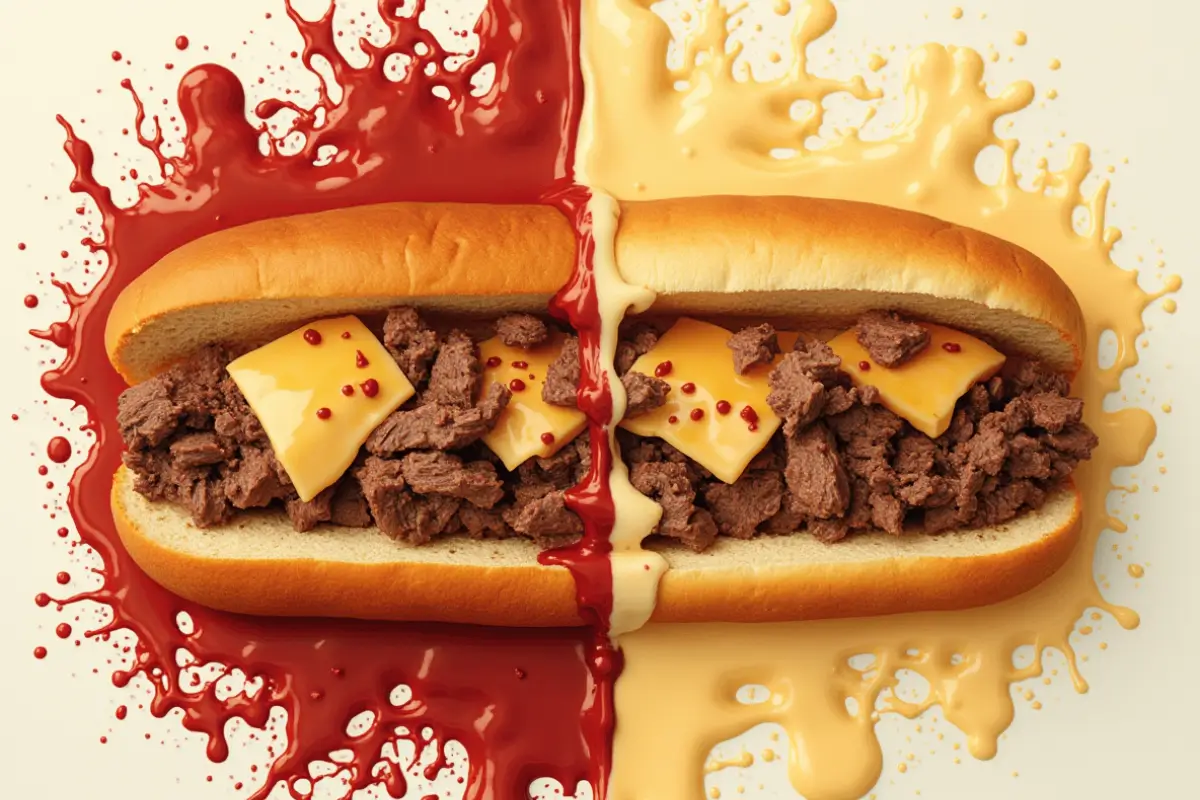 Philly cheesesteak split in half, one side with ketchup splatter, the other with mayo splatter.