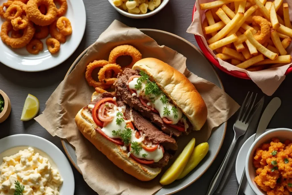 Top view of two Philly cheesesteaks on a platter, surrounded by onion rings, fries, mac and cheese, and pickles.