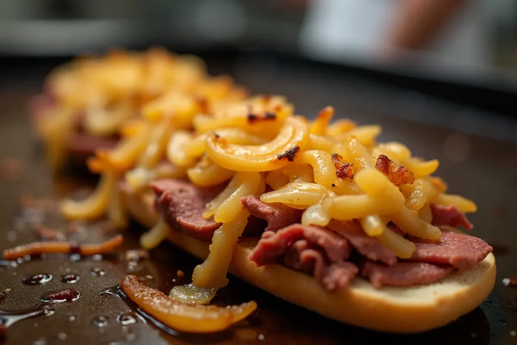 Close-up of a Philly cheesesteak with caramelized onions on a griddle. Yellow and white onions are visible along with thinly sliced beef on a hoagie roll.