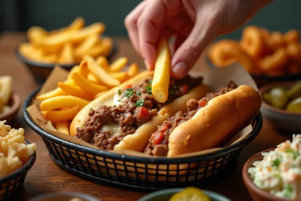 Hand picking a french fry from a basket next to two beef sandwiches surrounded by side dishes.