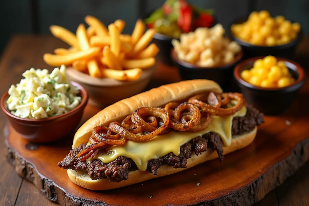 A Philly cheesesteak on a wooden board surrounded by various side dishes.