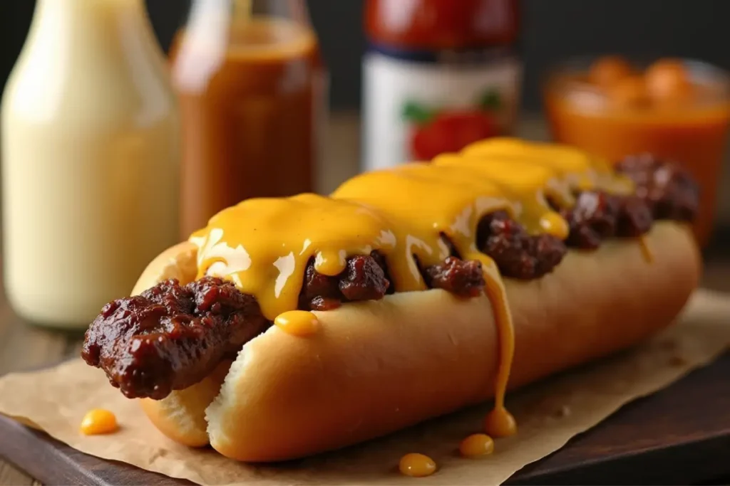 Photorealistic loaded Philly cheesesteak with chili and cheese, with various sauces in background, food photography style.