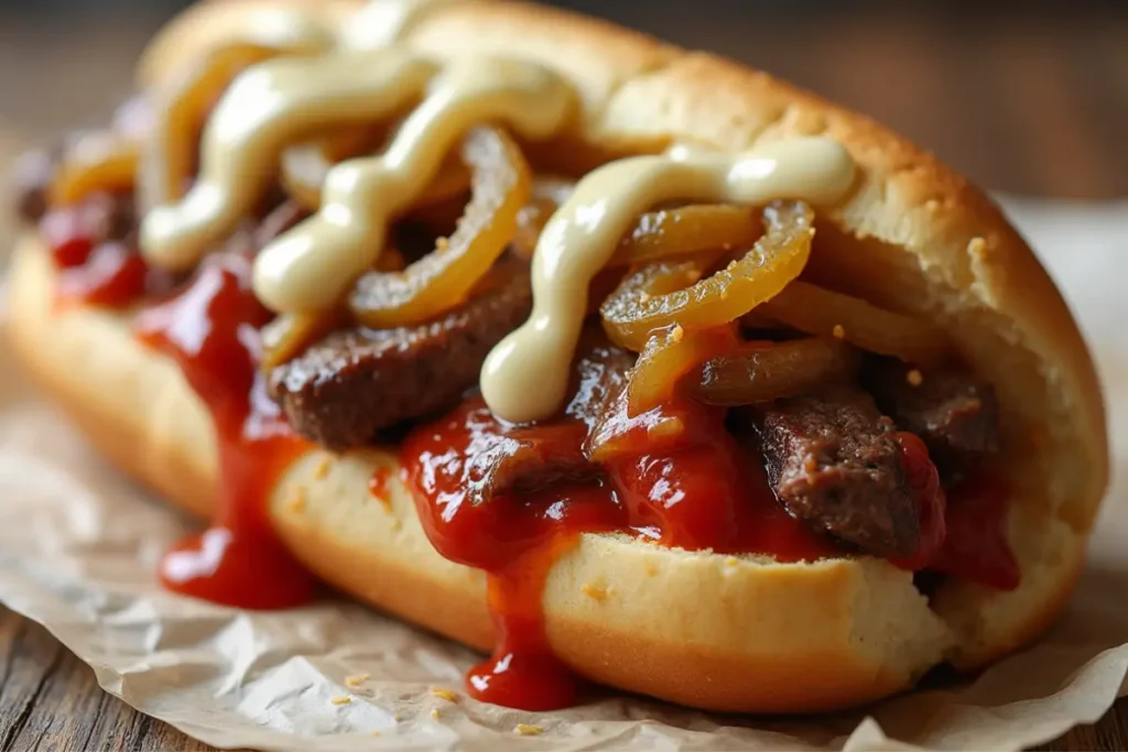 Photorealistic Philly cheesesteak with red and yellow sauce on a paper-lined surface, food photography style.