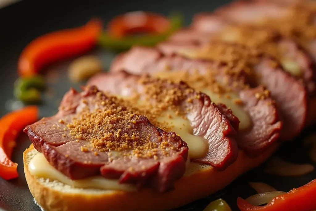 Photorealistic sliced and seasoned cheesesteak with melted cheese, peppers and onions, food photography style.