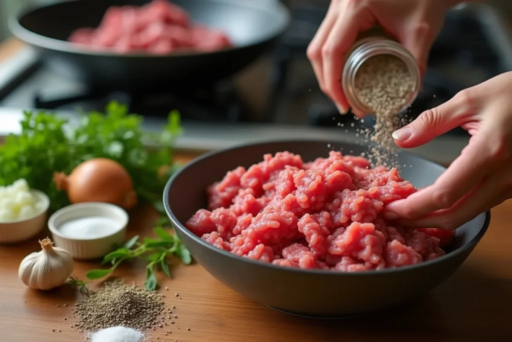 Preparation for cooking ground beef, featuring a bowl of raw ground beef with seasonings, chopped onions, garlic, and a man's hands seasoning the meat in a kitchen.